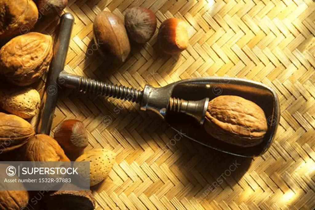 Walnut in an Antique Metal Nut Cracker, Assorted Nuts