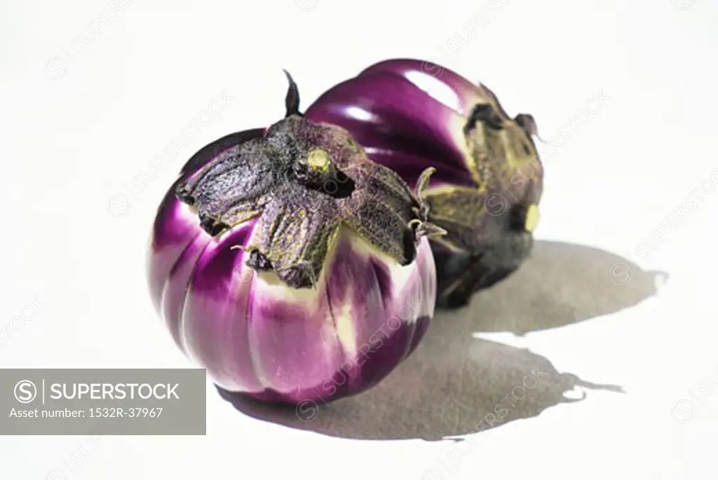 Two Round Eggplants on White Background
