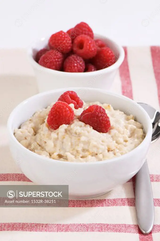 Porridge with fresh raspberries in a bowl
