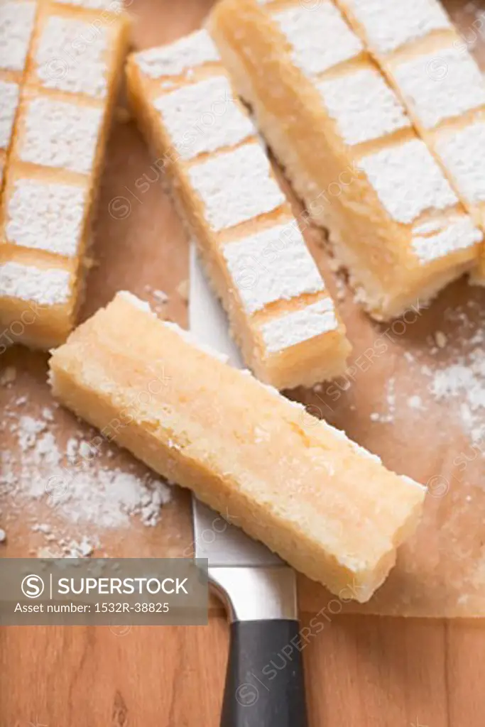 Cake bars with icing sugar (overhead view)