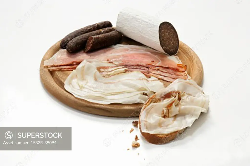 Rustic sausage platter & schinkenspeck (cured pork) on bread