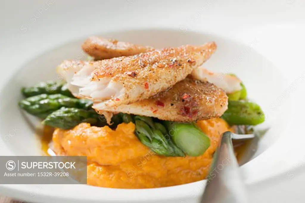 Pangasius fillet with asparagus and sweet potato puree