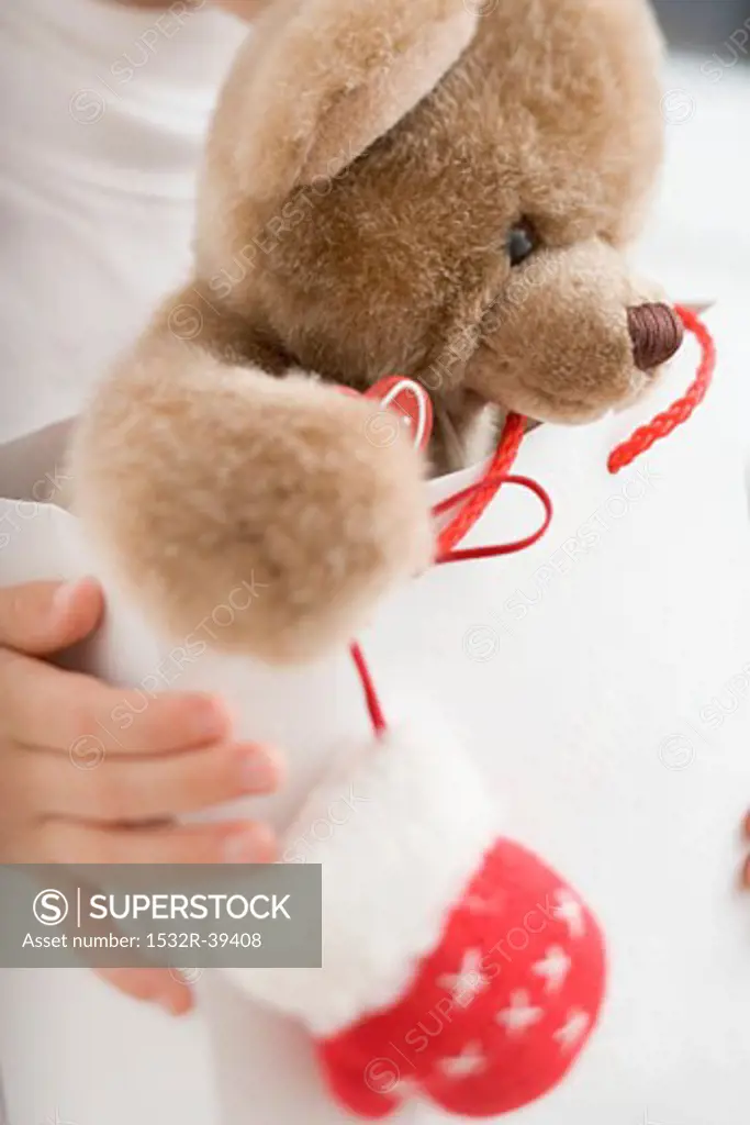 Child holding teddy bear in paper carrier bag