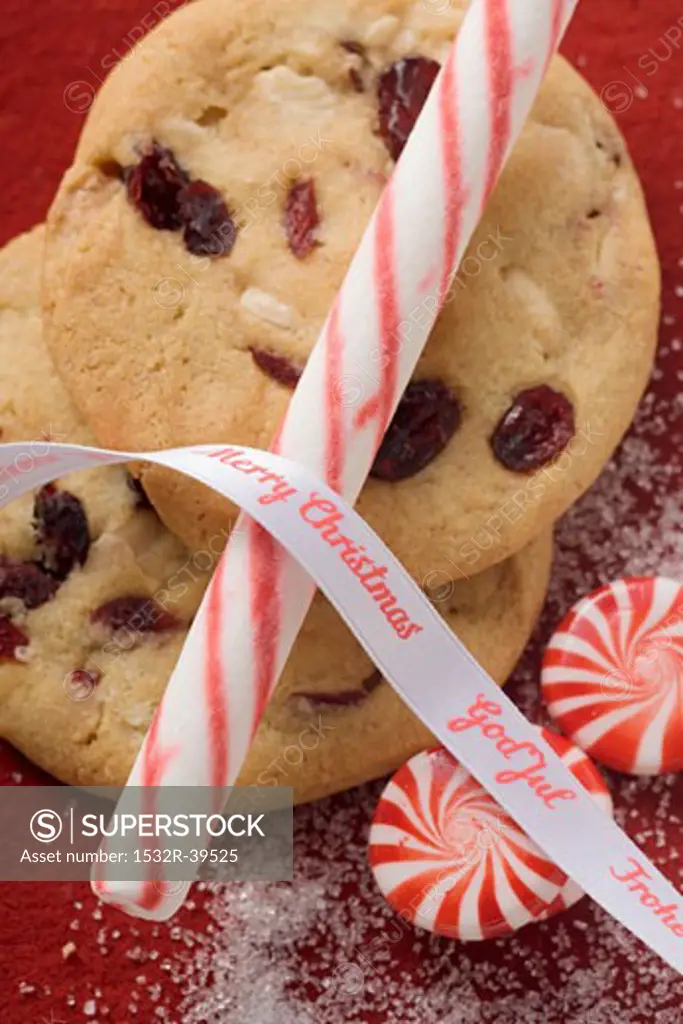 Cranberry cookies, candy cane and peppermints