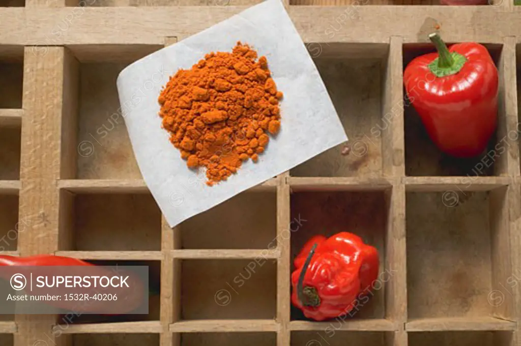 Pepper, chillies and chilli powder in type case