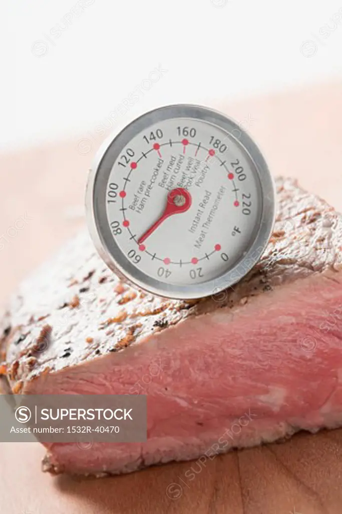 Sirloin strip steak with meat thermometer