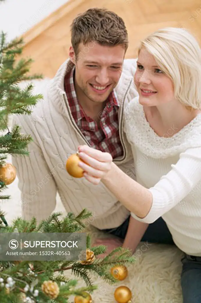 Couple decorating Christmas tree