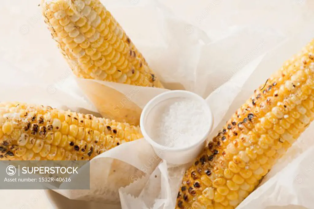 Grilled corn on the cob with salt in greaseproof paper
