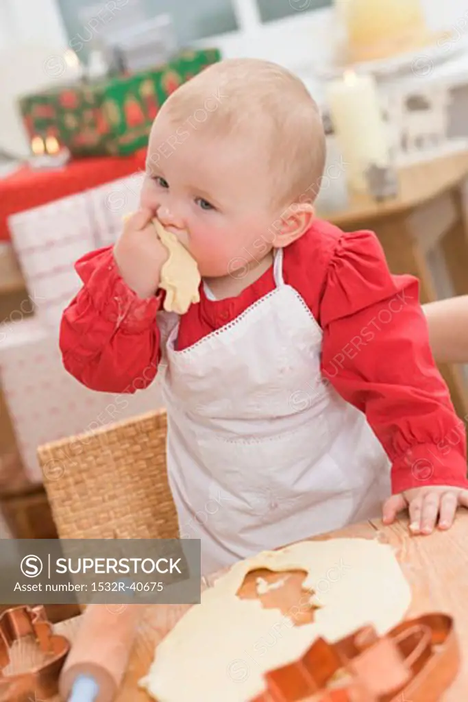 Baby eating unbaked Christmas biscuit