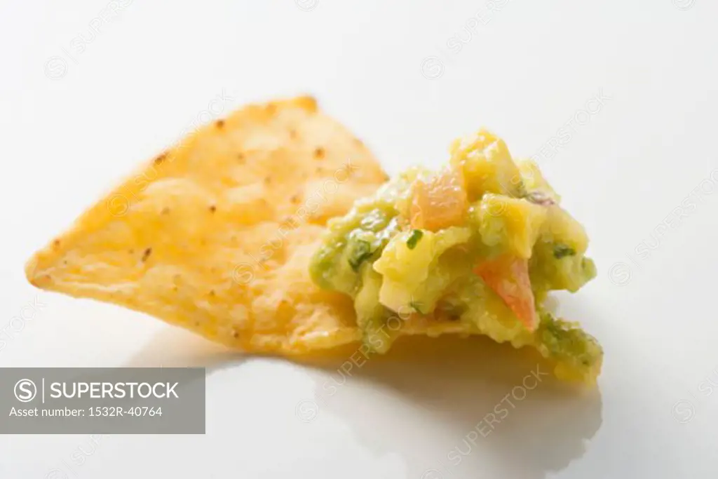 Guacamole on nacho (close-up)