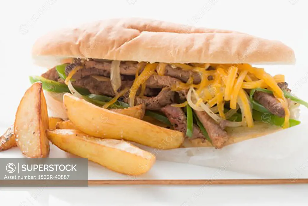 Steak and cheese sandwich with potato wedges