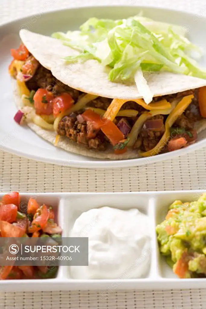 Mince taco with salsa, sour cream, guacamole (Mexico)