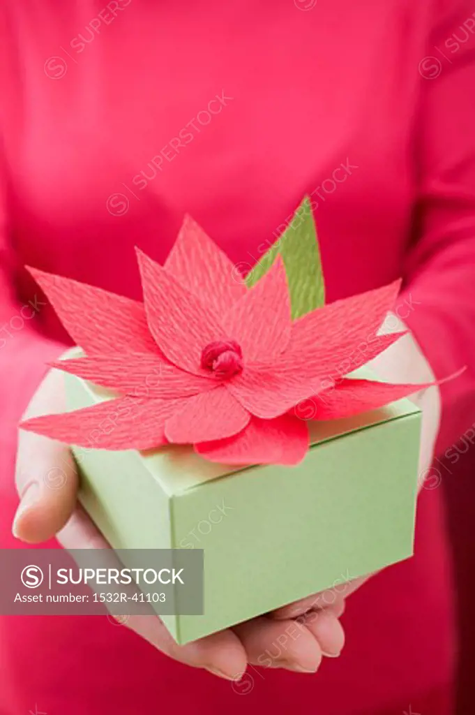 Woman holding Christmas parcel with poinsettia