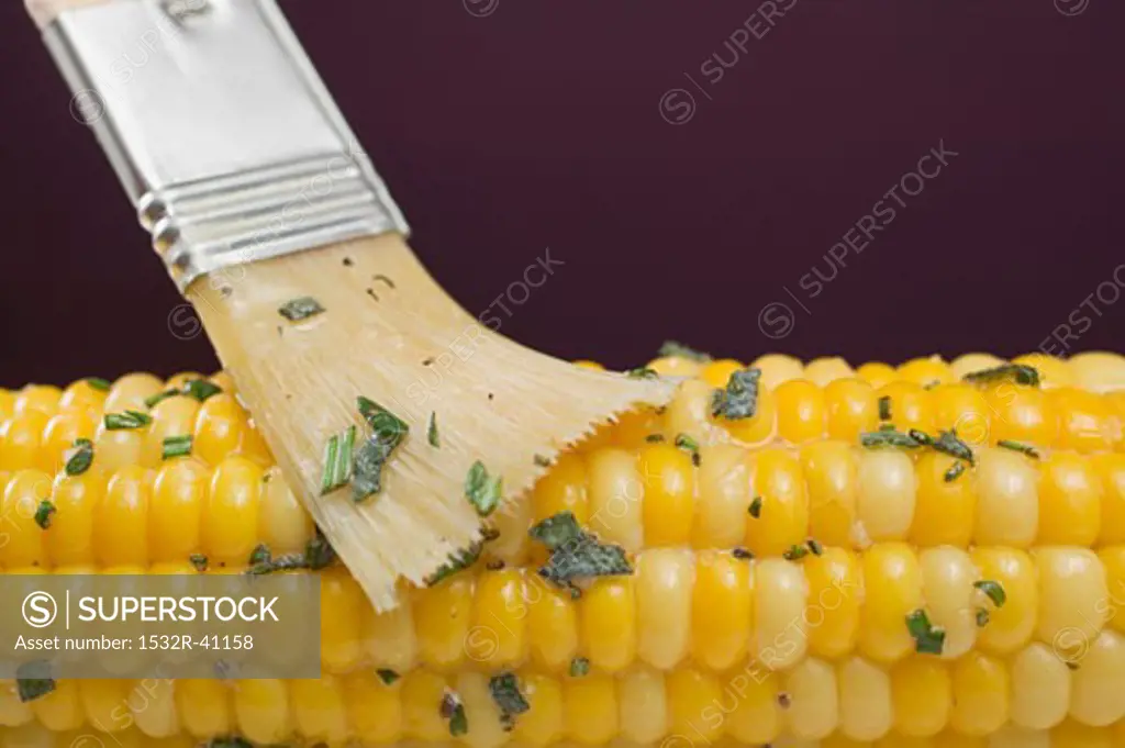 Brushing corn on the cob with herb butter