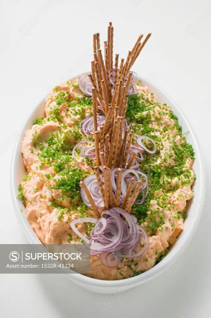 Obatzda (cheese spread) with onions, chives, salted sticks
