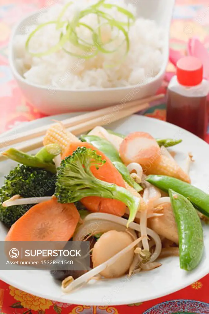 Stir-fried vegetables with rice and soy sauce (Asia)