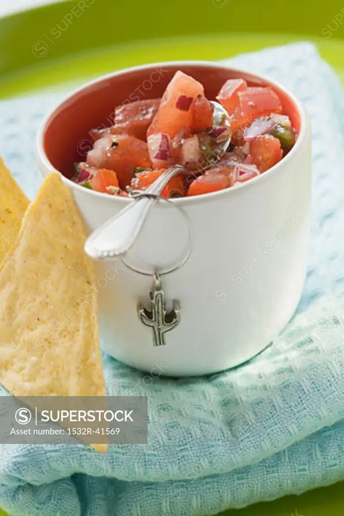 Tomato salsa in pot with spoon, nachos beside it (Mexico)