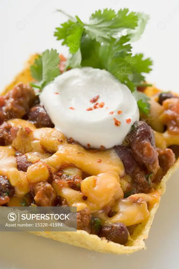 Chili con carne with cheese & sour cream in corn shell