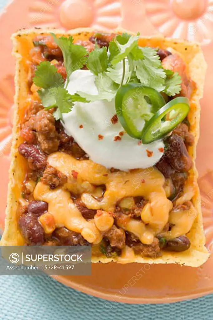 Chili con carne with cheese in corn shell (Mexico)