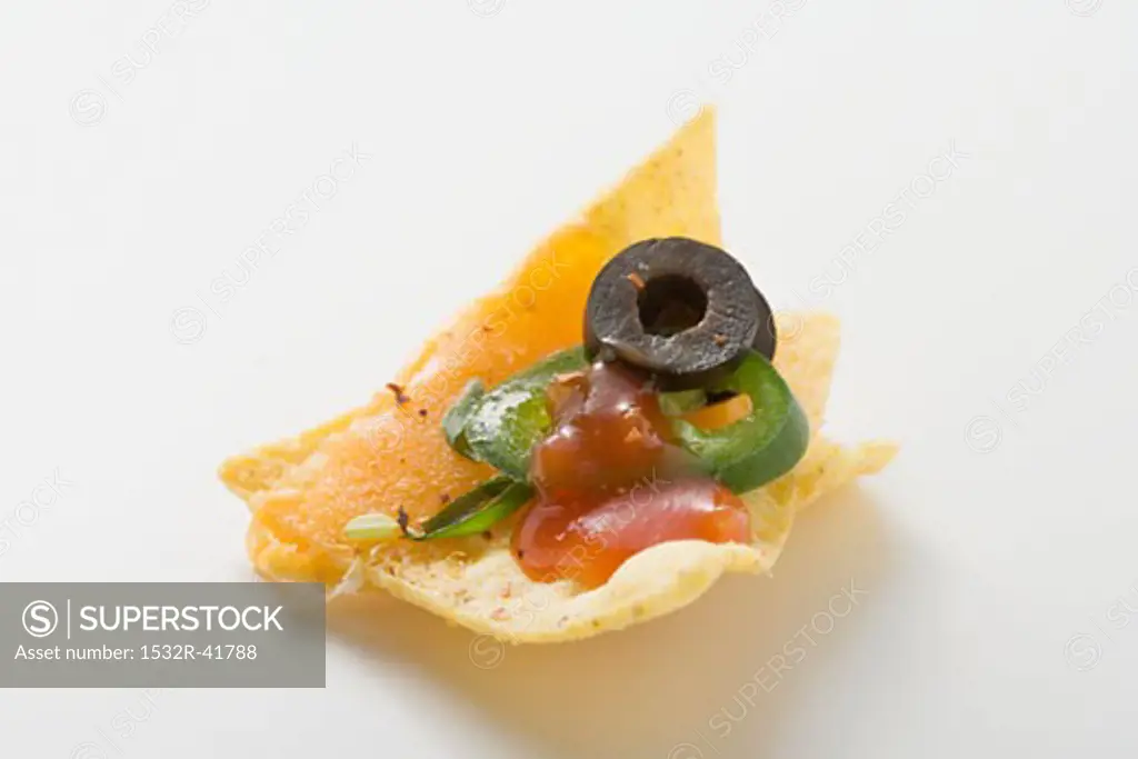 Nacho with cheese, olive, chilli ring and ketchup