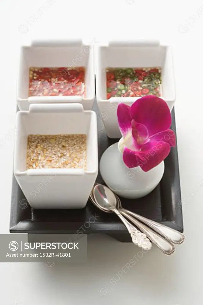 Three spicy Asian sauces on tray