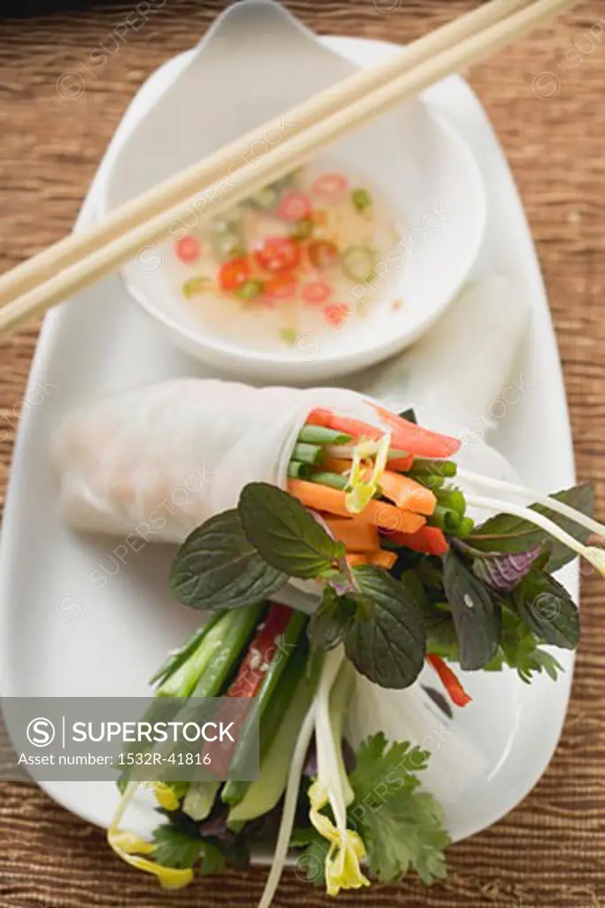 Rice paper roll with vegetable filling and chilli sauce
