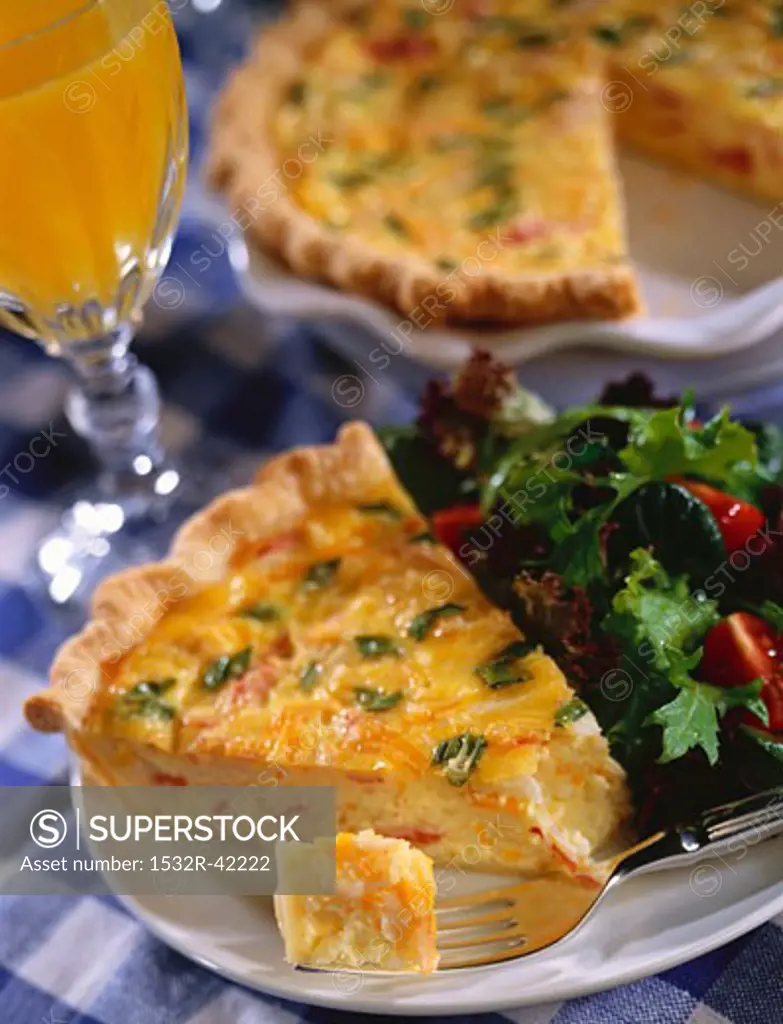 Slice of Quiche with Side Salad; Piece on Fork