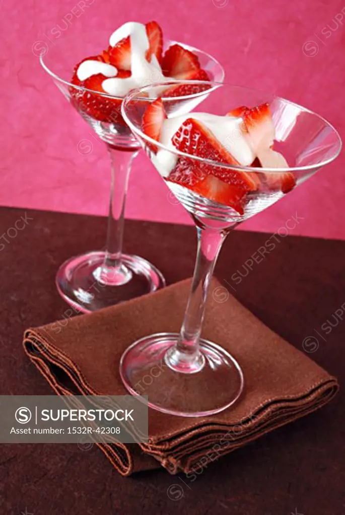 Brandied Strawberries with Cream in Martini Glasses