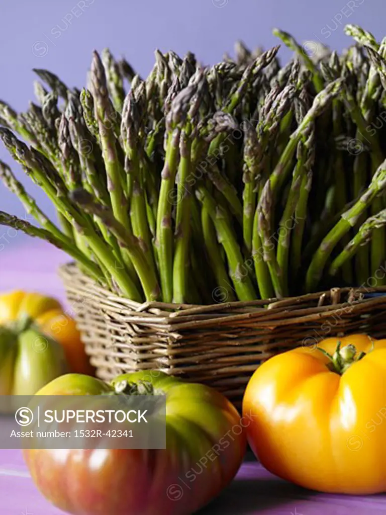 Basket of Asparagus with Heirloom Tomatoes