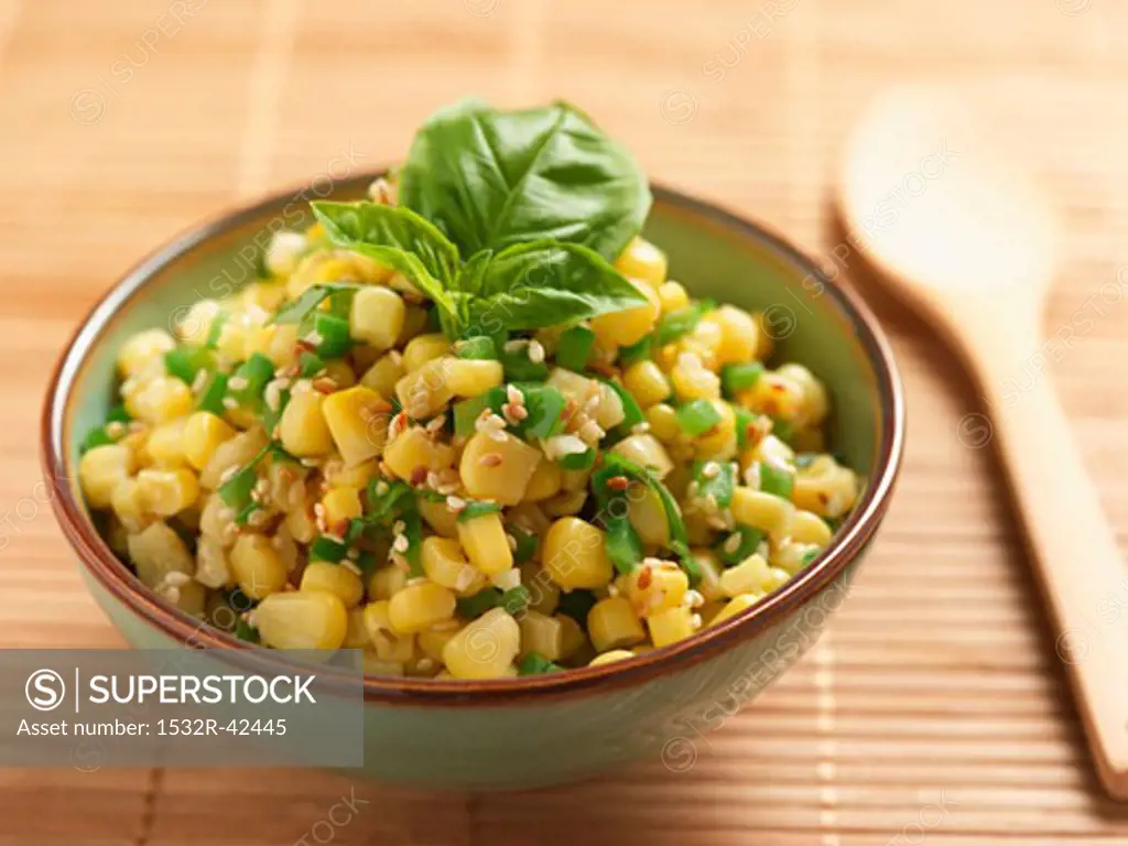 Corn Salad with Peppers, Sesame Seeds and Basil