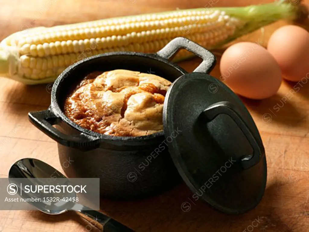 Corn Casserole in a Cast Iron Pot