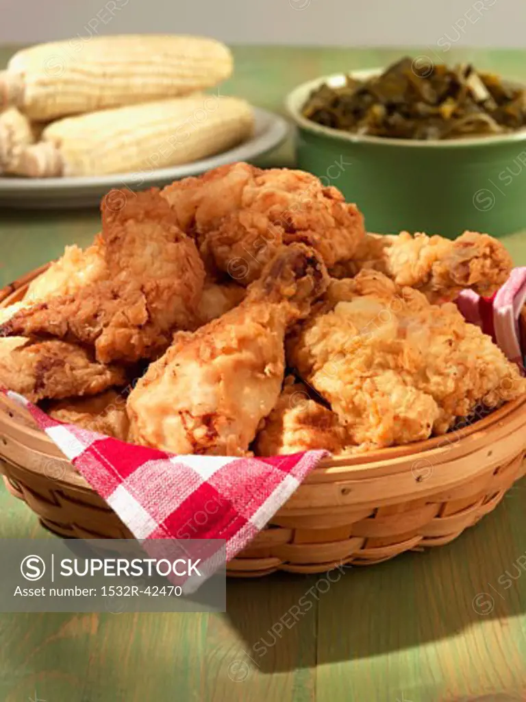 Fried Chicken with Corn and Collard Greens