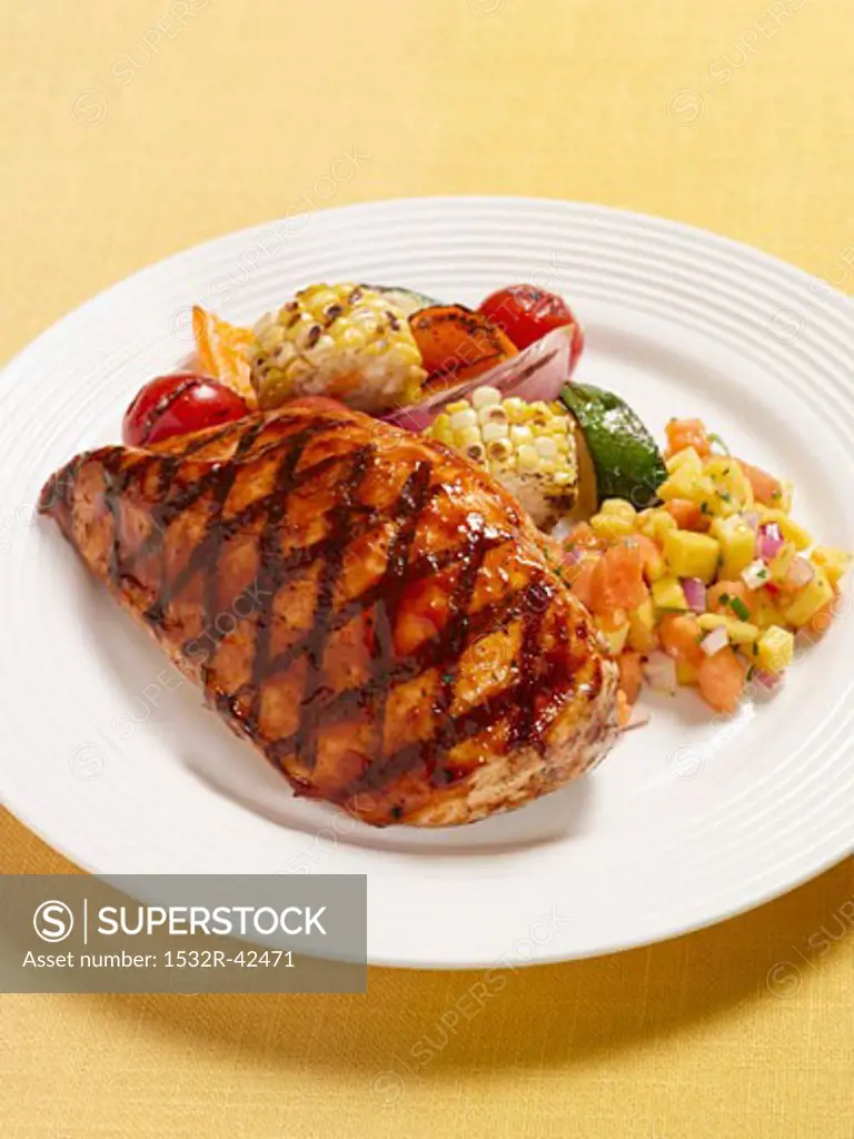 Grilled Chicken Breast with Mango Papaya Salsa and Vegetables