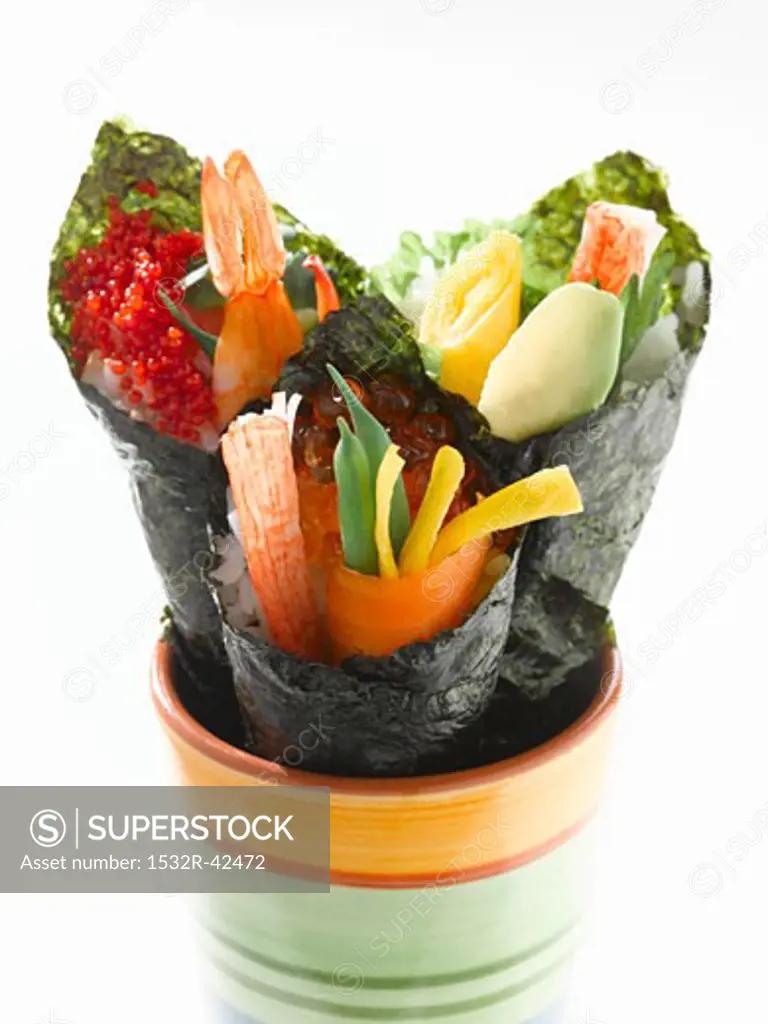 Hand Rolls with Crab, Shrimp, Vegetables and Roe