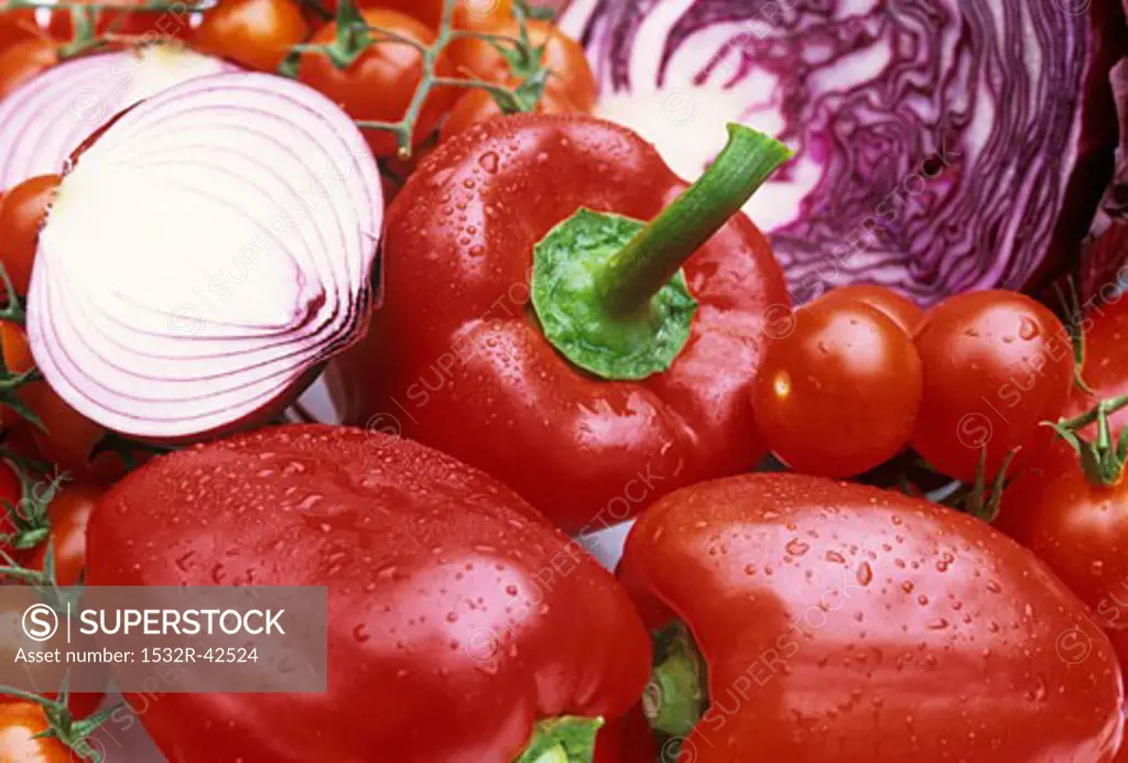 Red peppers, tomatoes, red cabbage, red onions