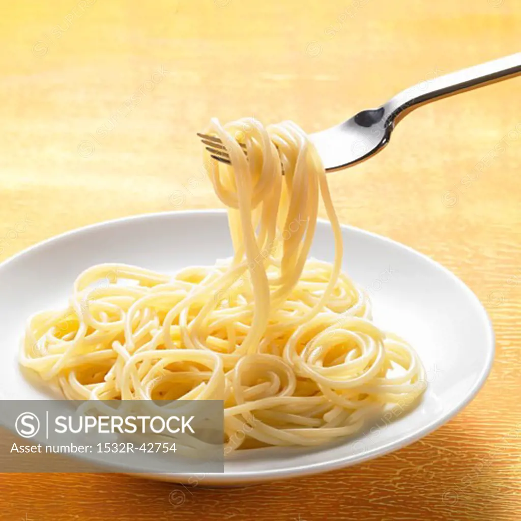 Spaghetti on plate and fork