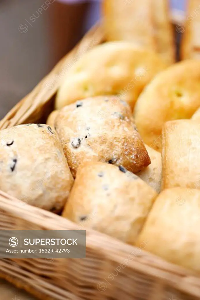 Assorted bread rolls in a bread basket
