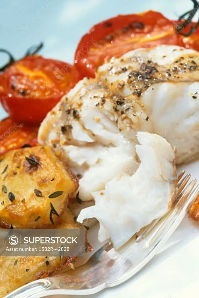 Halibut with fried potatoes and tomatoes