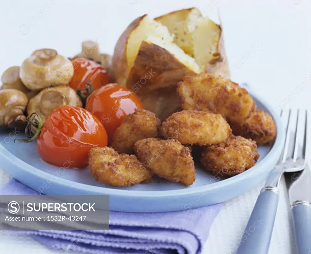 Chicken nuggets with tomatoes, mushrooms and baked potato