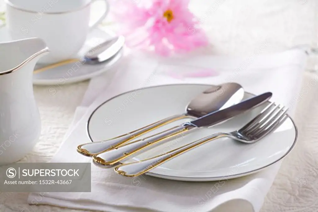 Gold-rimmed plate with cutlery