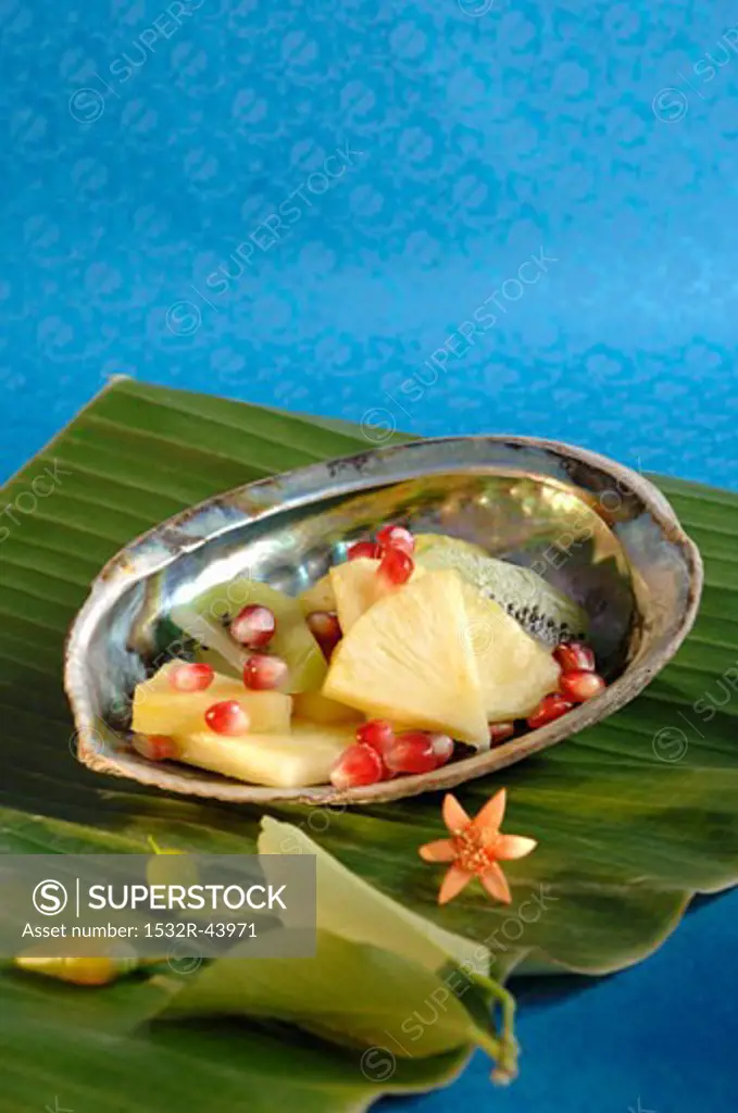 Pineapple, kiwi fruit & pomegranate seeds in abalone shell