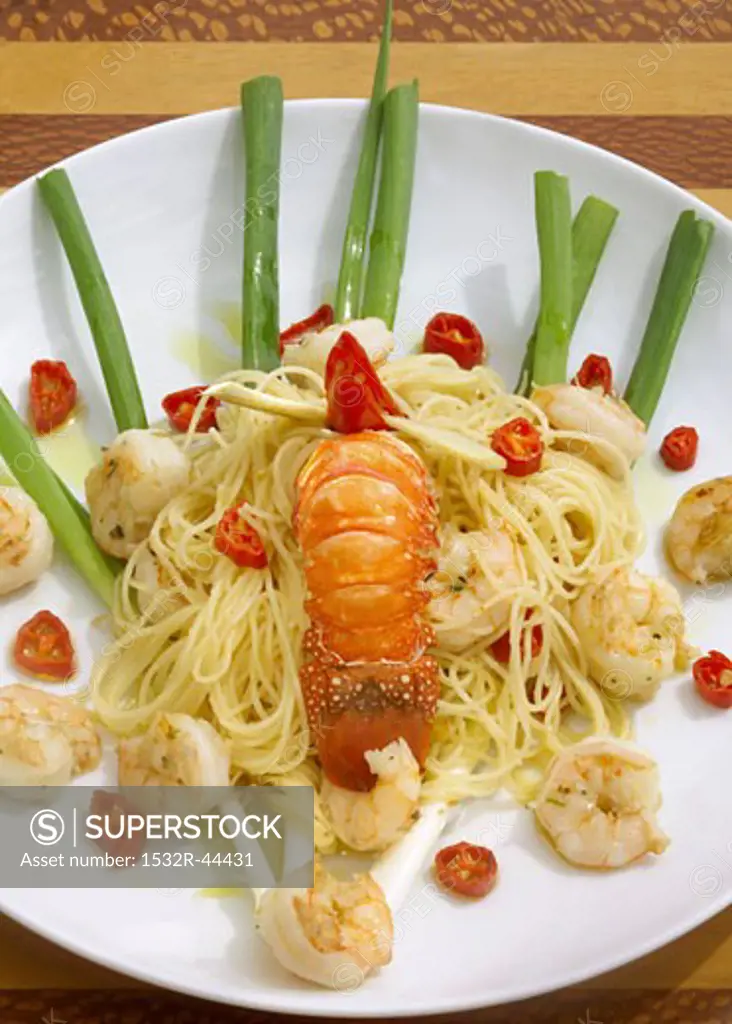 Bahian spaghetti with shrimps and spiny lobster