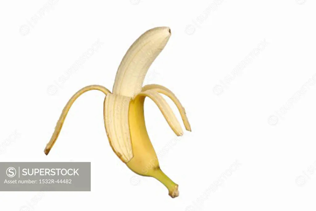 A half-peeled banana, standing on its end