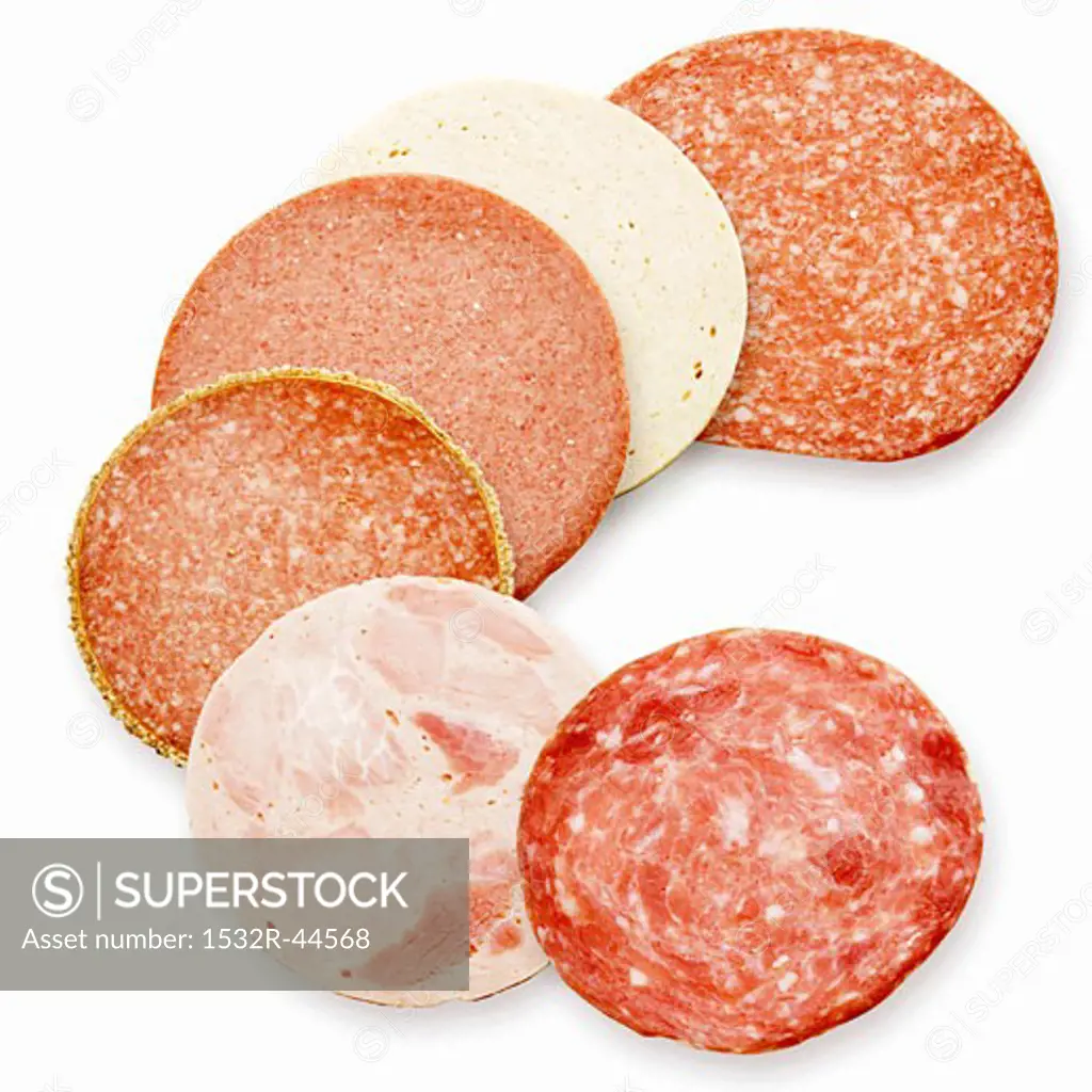 Slices of various types of sausage