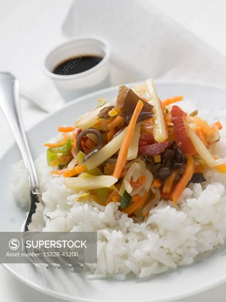 Rice with Asian vegetables, soy sauce