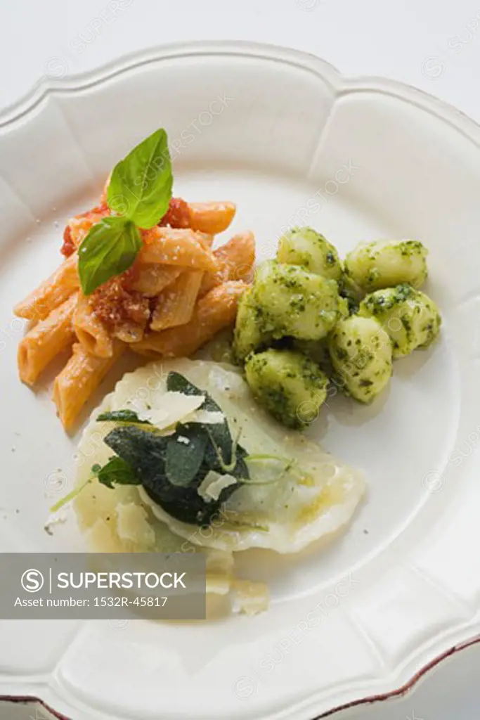 Penne, gnocchi and ravioli on a plate