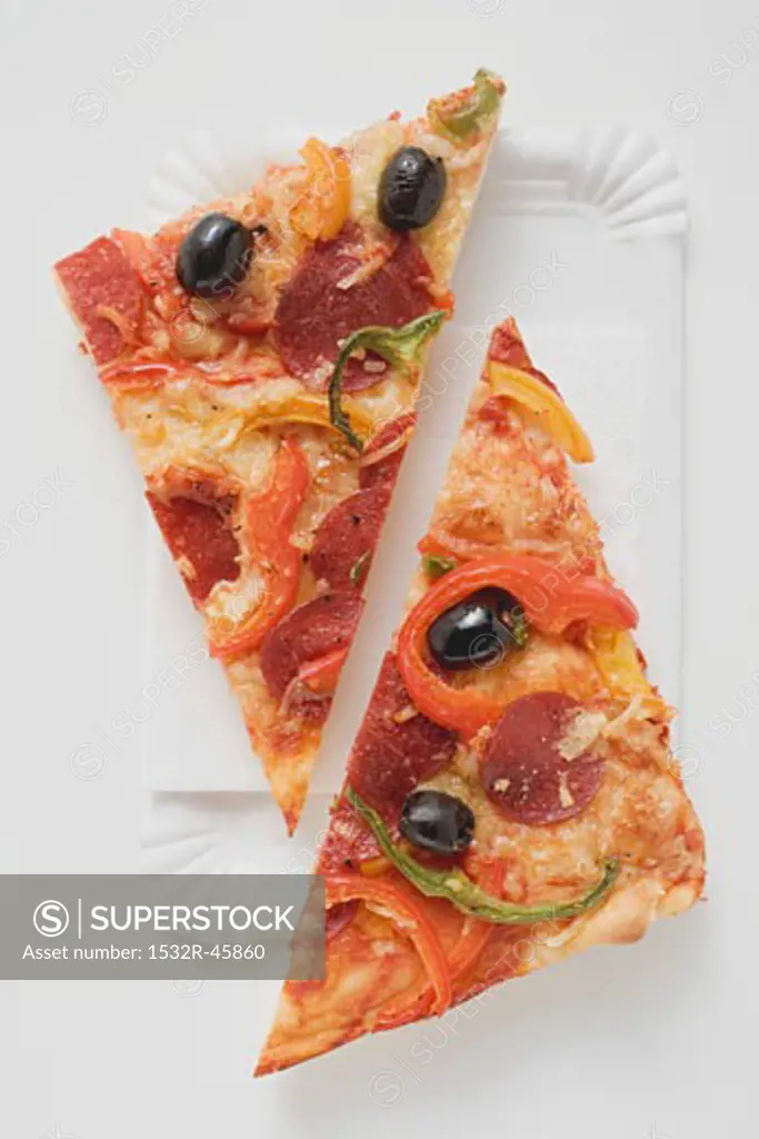 Slice of pepperoni pizza with peppers and olives (halved)