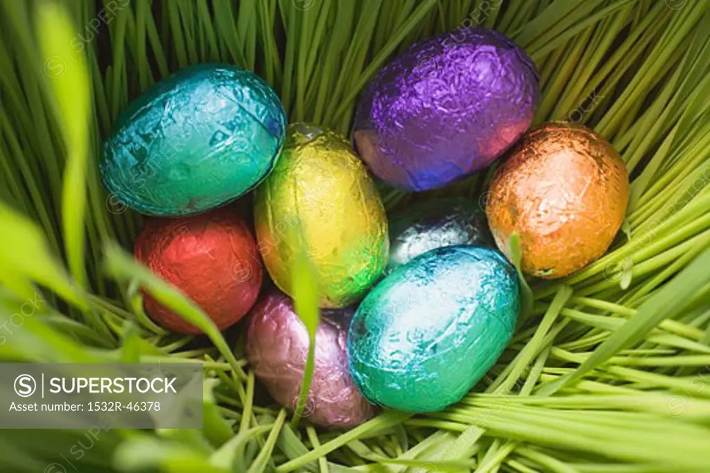 Chocolate eggs, wrapped in coloured foil, in grass (close-up)