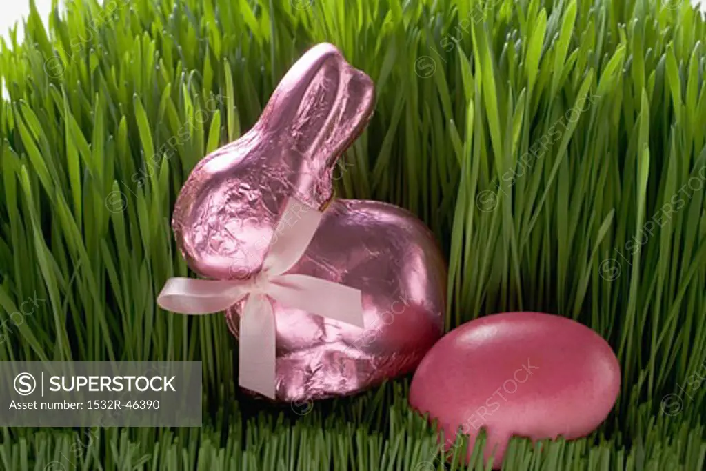 Pink Easter Bunny and Easter egg in grass