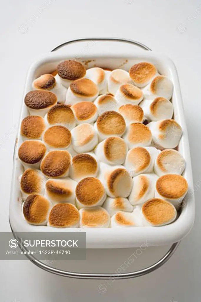 Sweet potato and marshmallow gratin in baking dish